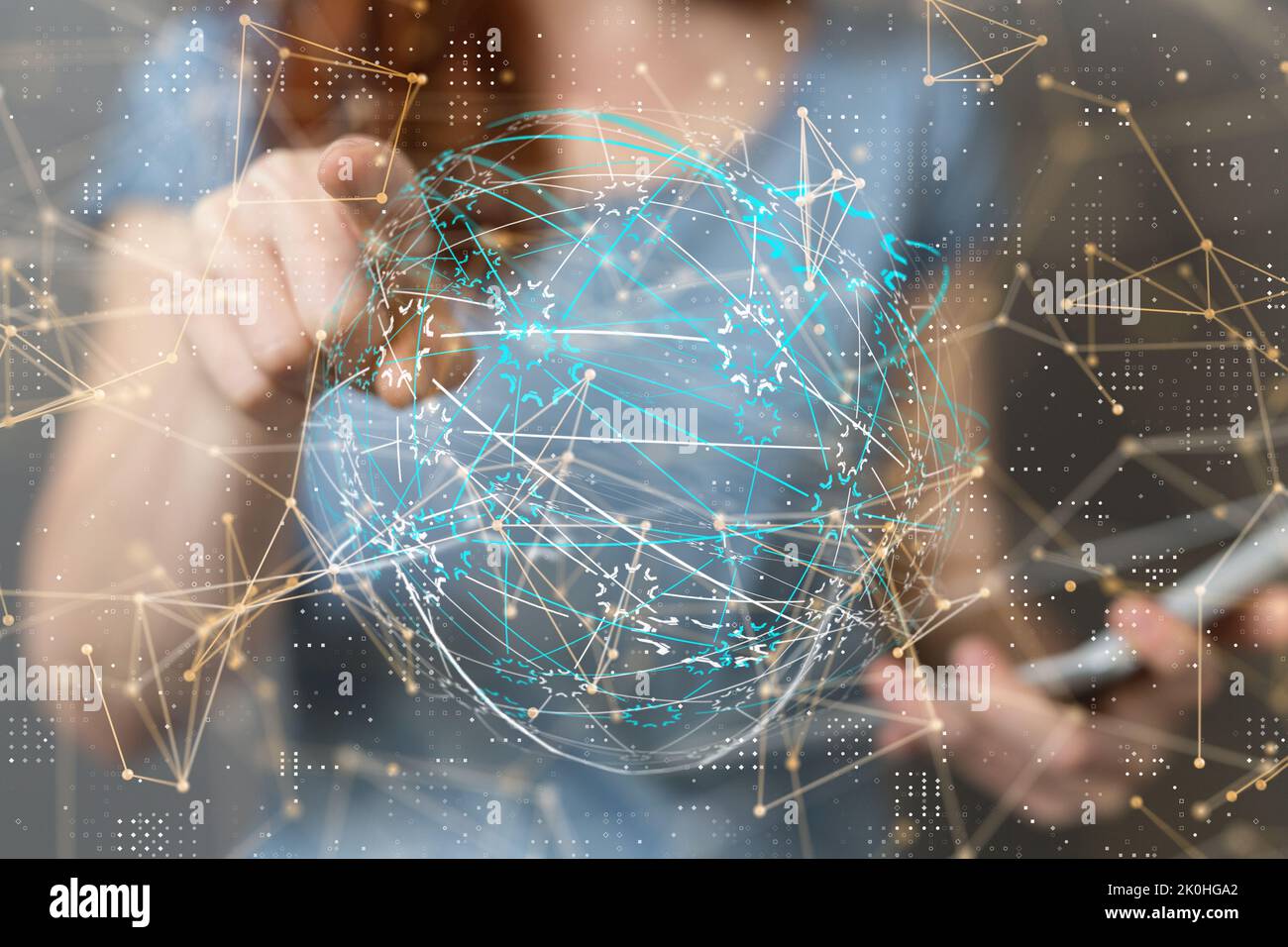 A finger tapping on an illustrated global network sphere Stock Photo ...