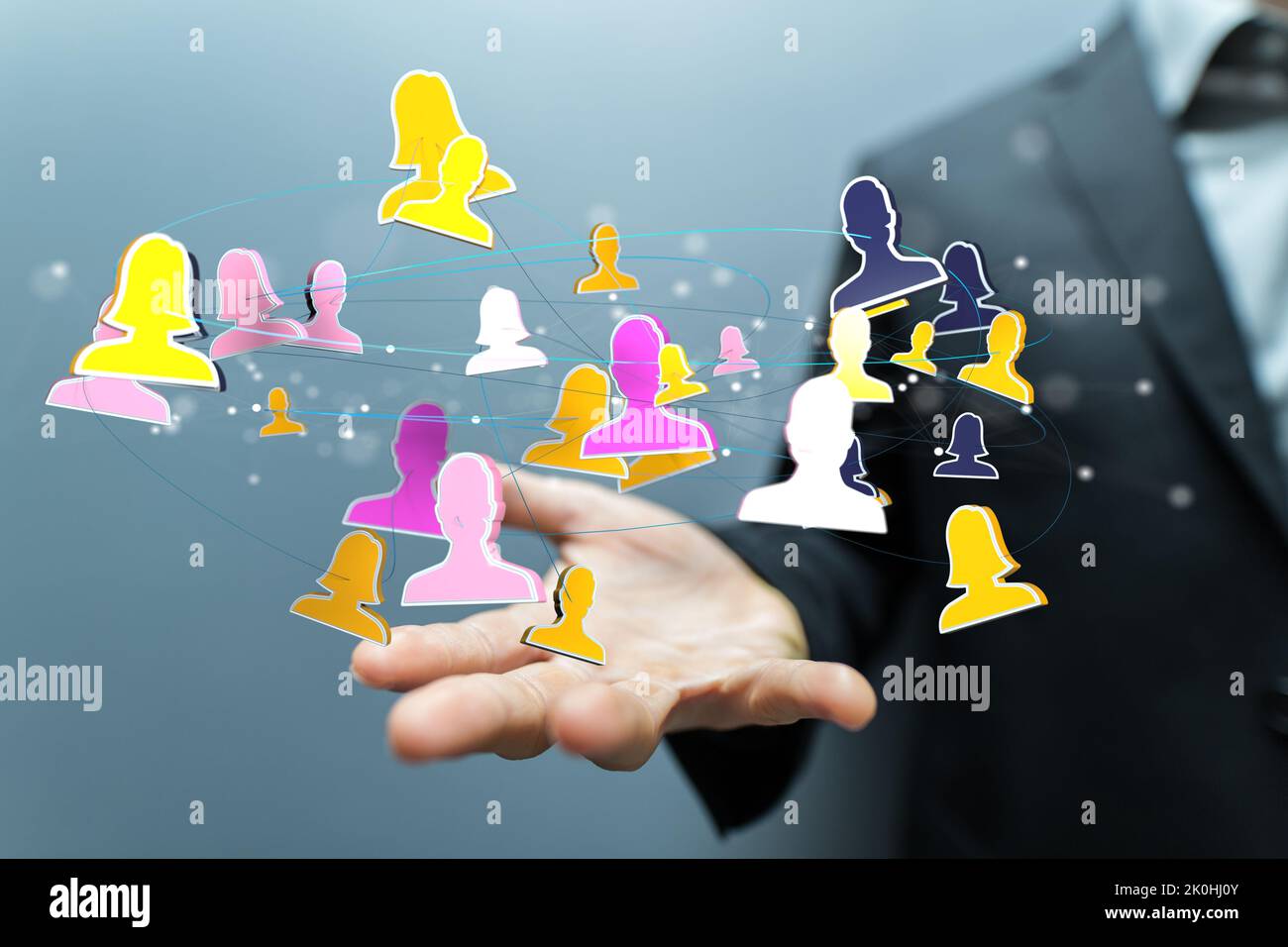 3d floating people icons over a hand a concept of networking, HR