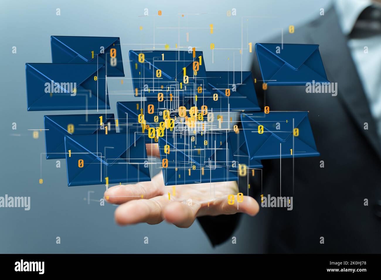 3d floating massage envelop icons  and binary code over a hand- a concept of connection, networking Stock Photo