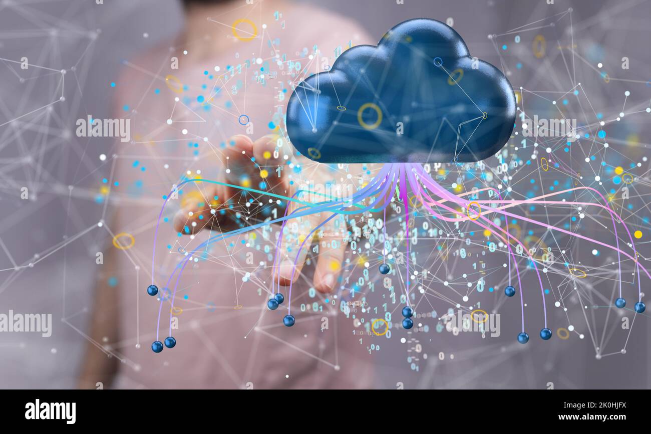 A 3d render of an artificial intelligence cloud with lines and binary codes Stock Photo