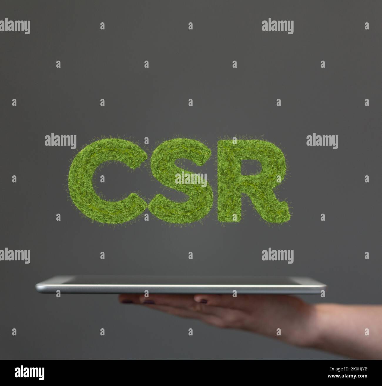 A 3D render of green CSR letters in hand for the Corporate social ...