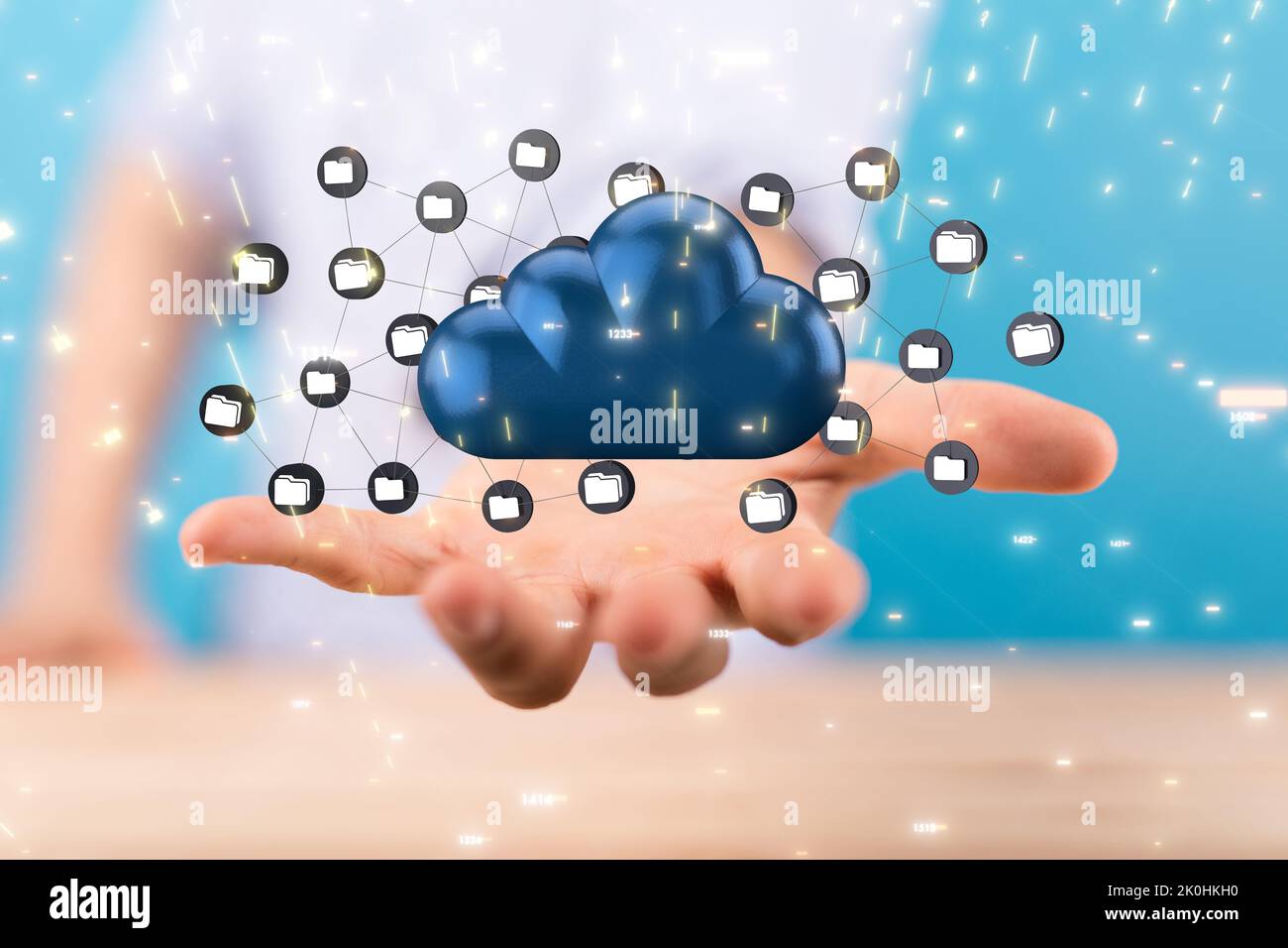 A man holding out his hand toward a 3D illustration of the cloud ...