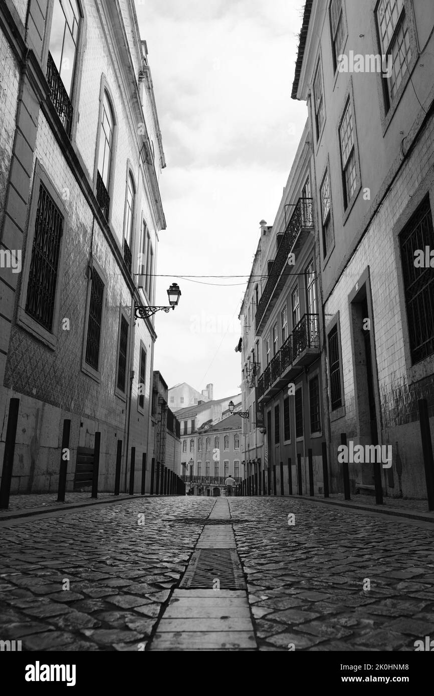 A vertical grayscale shot of an alley between old buildings Stock Photo ...