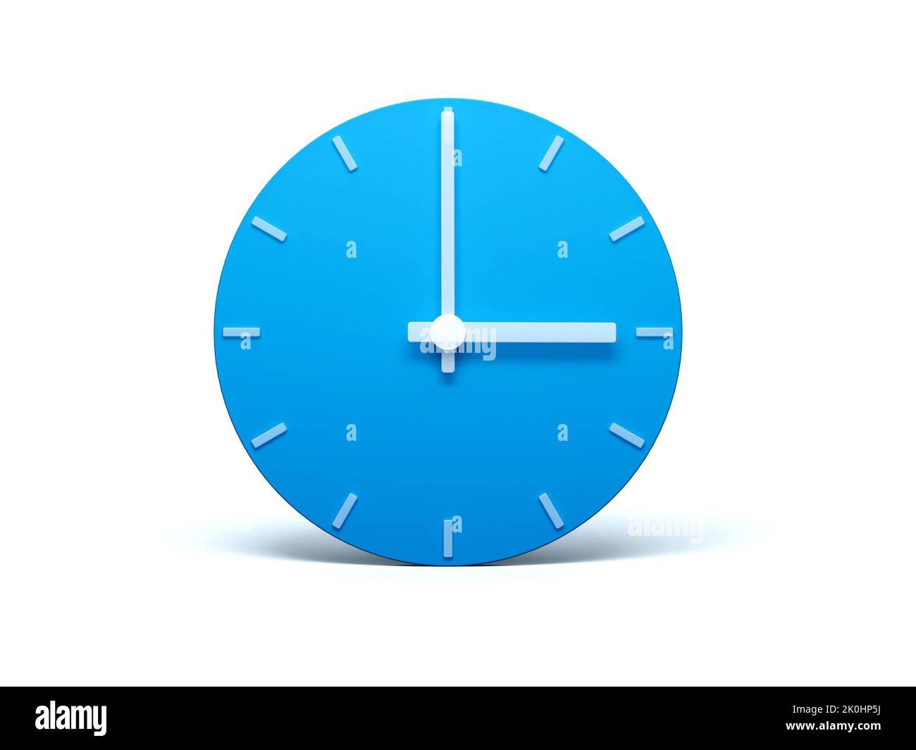 A 3d illustration of a blue wall clock showing 3 o'clock isolated on white background Stock Photo