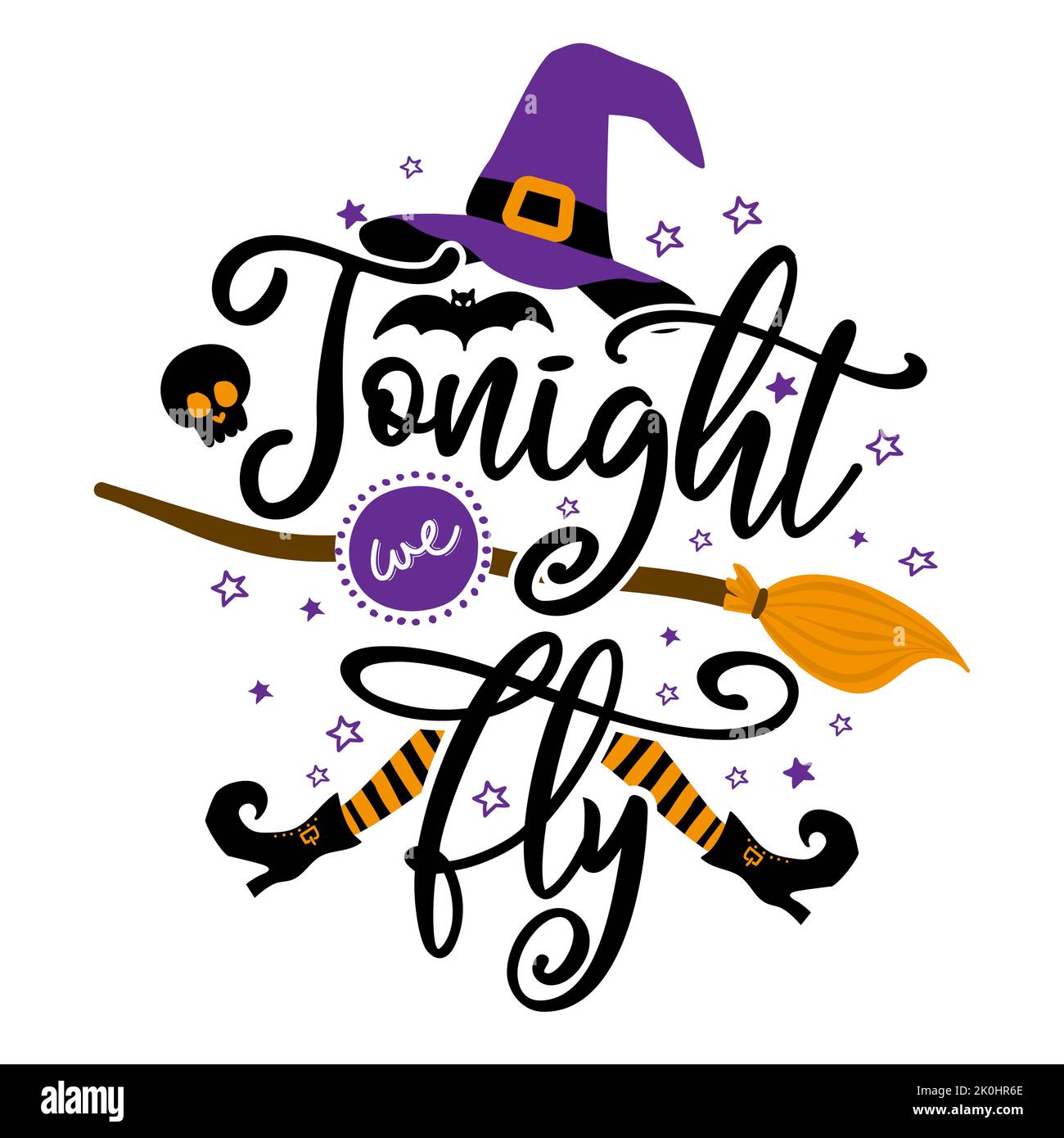 Tonight we fly - Halloween Witch quote on white background with broom, bats and witch hat. Good for t-shirt, mug, scrap booking, gift, printing press. Stock Vector