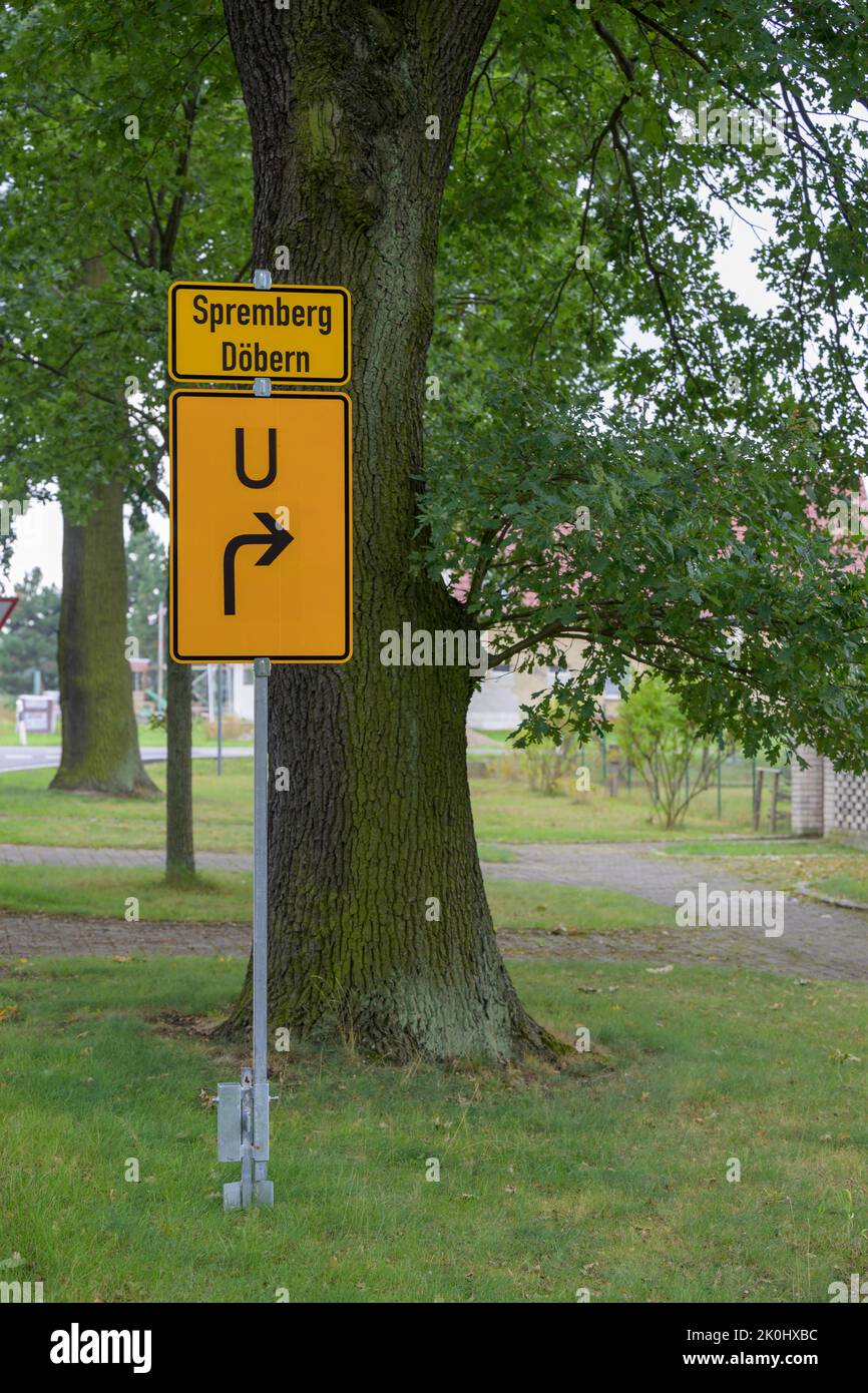 Traffic sign detour with additional sign for the direction to the German towns Spemberg and Döbern Stock Photo