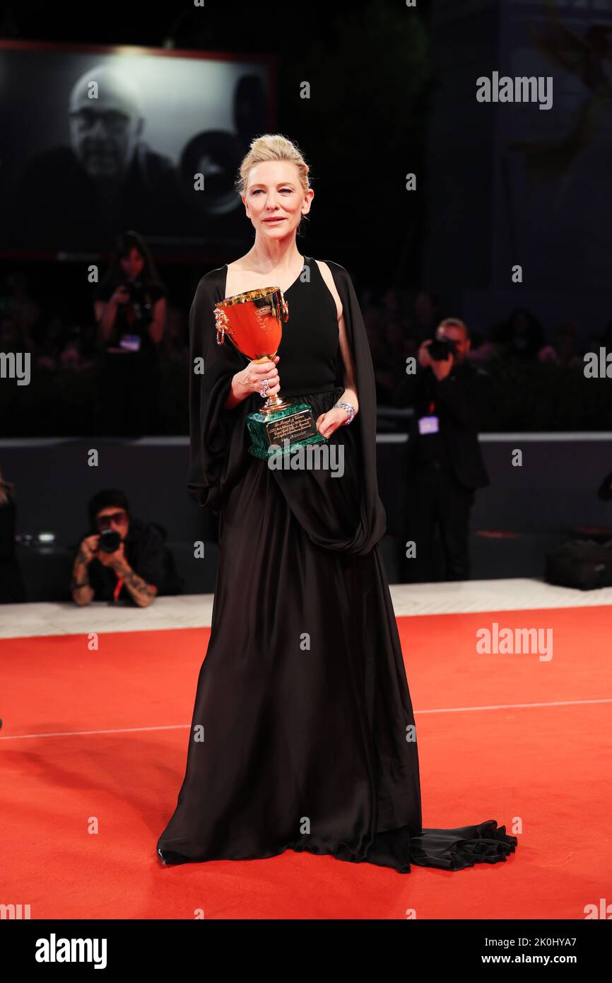 VENICE, ITALY - SEPTEMBER 10: Cate Blanchett poses with the Coppa Volpi for Best Actress for 'Tar' during the award winners photocall at the 79th Veni Stock Photo