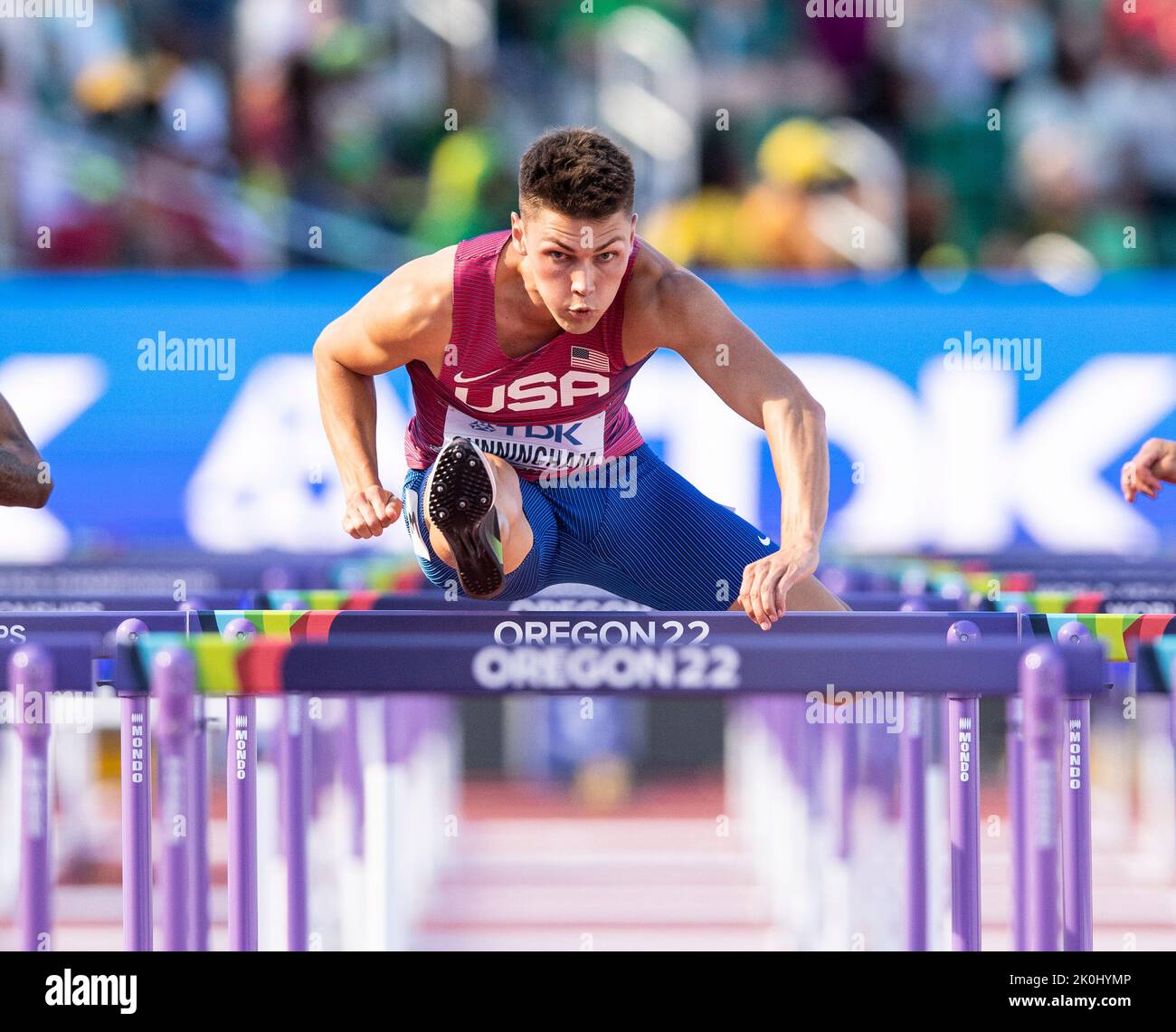 Trey Cunningham of the USA competing in the men’s 110m hurdles at the