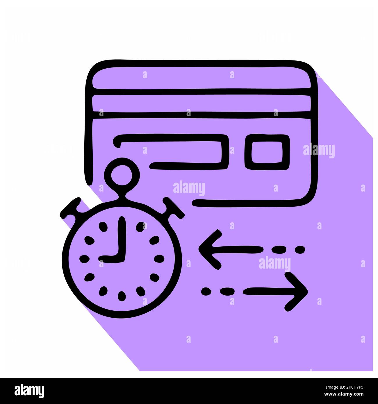 Credit card with clock flat line icon. Fast money transaction sign