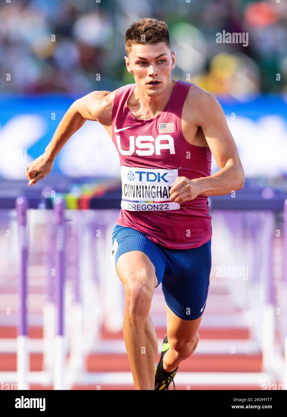 Trey Cunningham of the USA competing in the men’s 110m hurdles at the