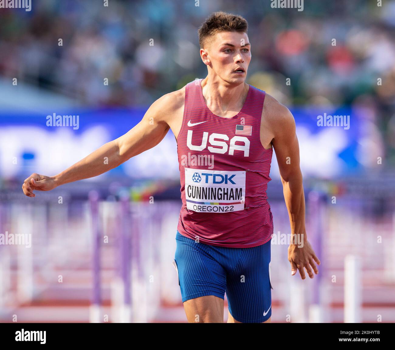 Trey Cunningham of the USA competing in the men’s 110m hurdles at the