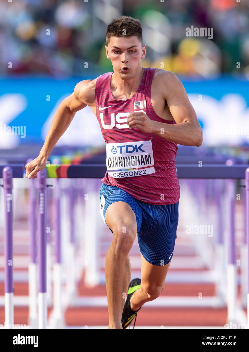 Trey Cunningham of the USA competing in the men’s 110m hurdles at the