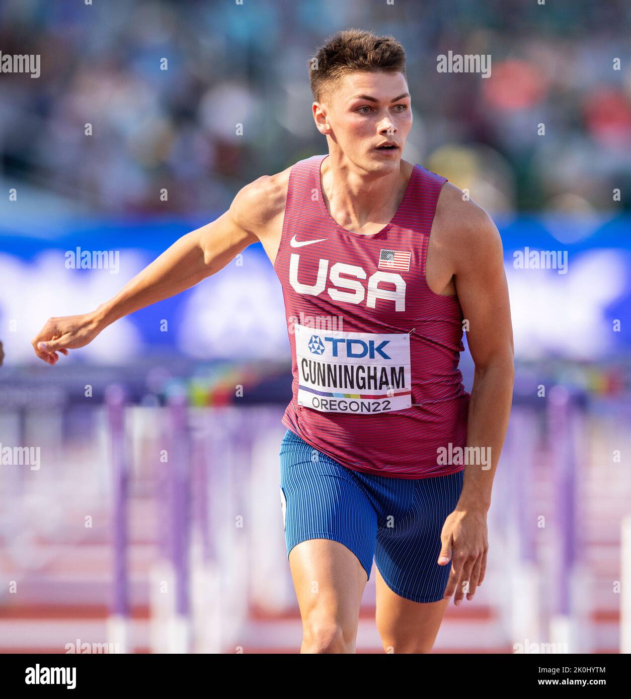 Trey Cunningham of the USA competing in the men’s 110m hurdles at the