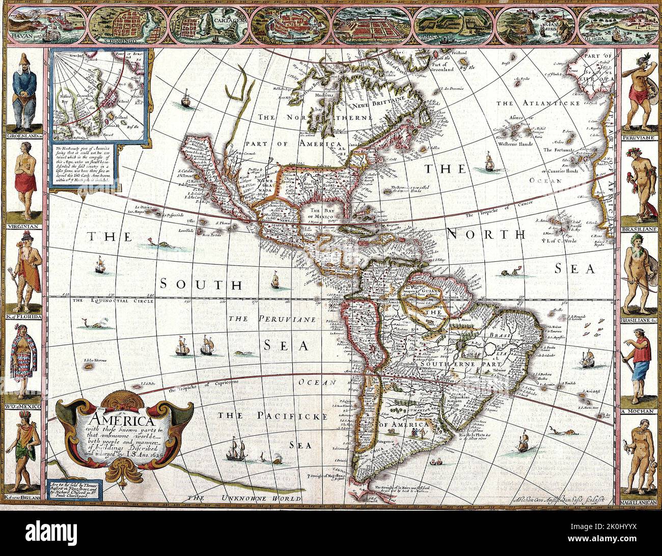 Vintage medieval map of America1626. It is illustrated with views of lands and images of living tribes. Stock Photo