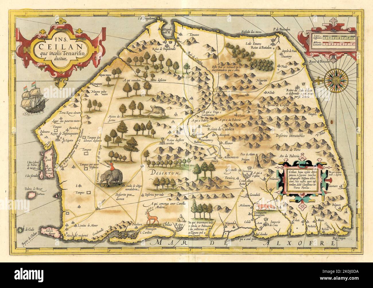 Ancient vintage map of Ceylon. Modern name Sri Lanka. 1598 Stock Photo