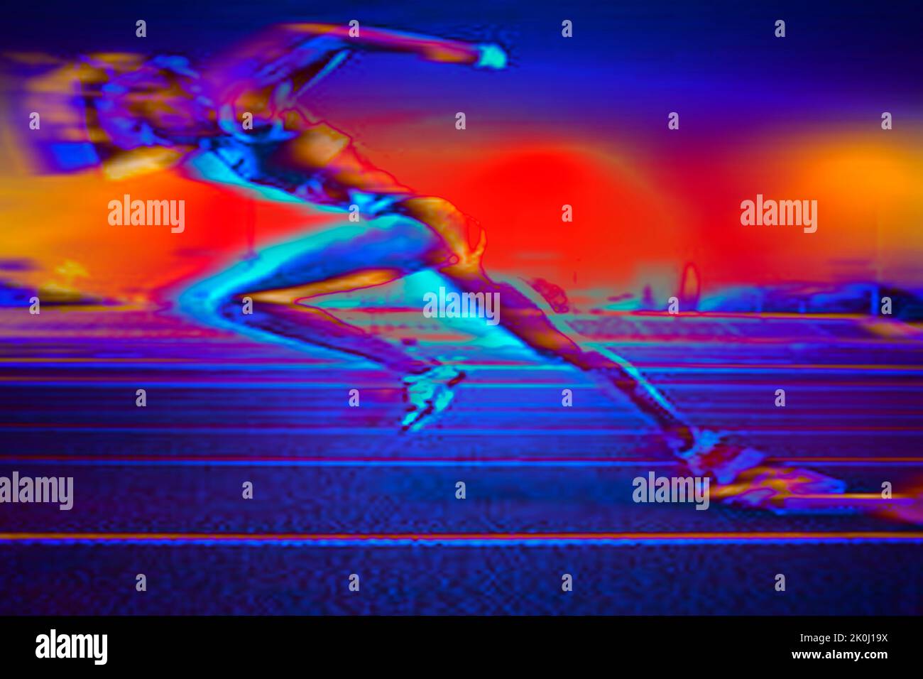 Woman runner under fluorescent light at night. Stock Photo
