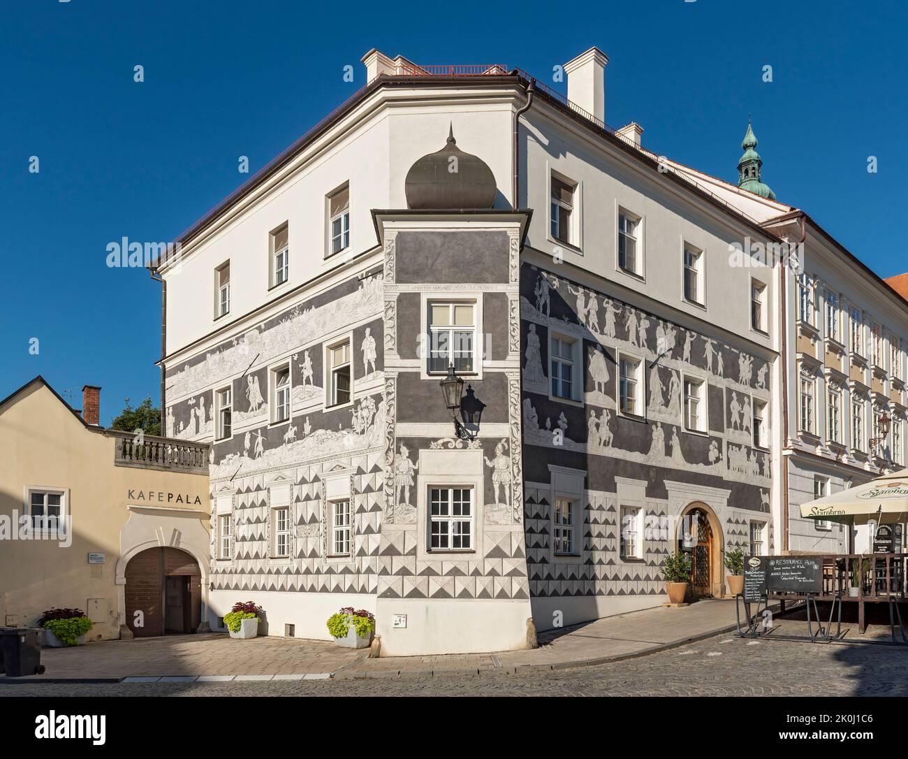 Knights House (U Rytiru) with sgraffiti decoration, Mikulov, Czech Republic Stock Photo