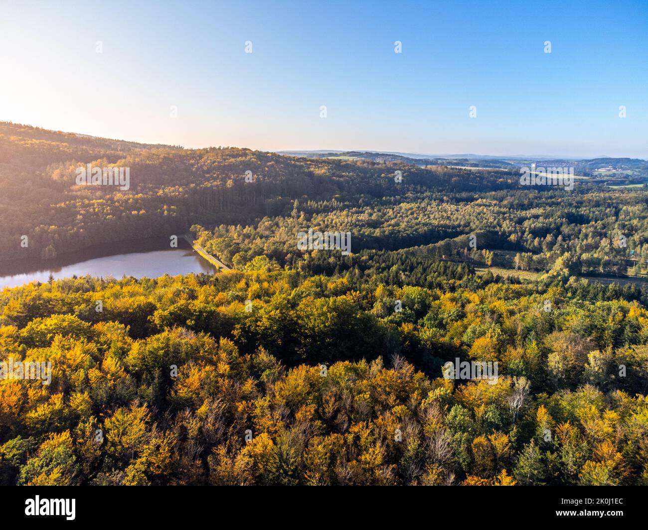 Autumn time colorful beechwood of Jizera Mountains from above Stock Photo