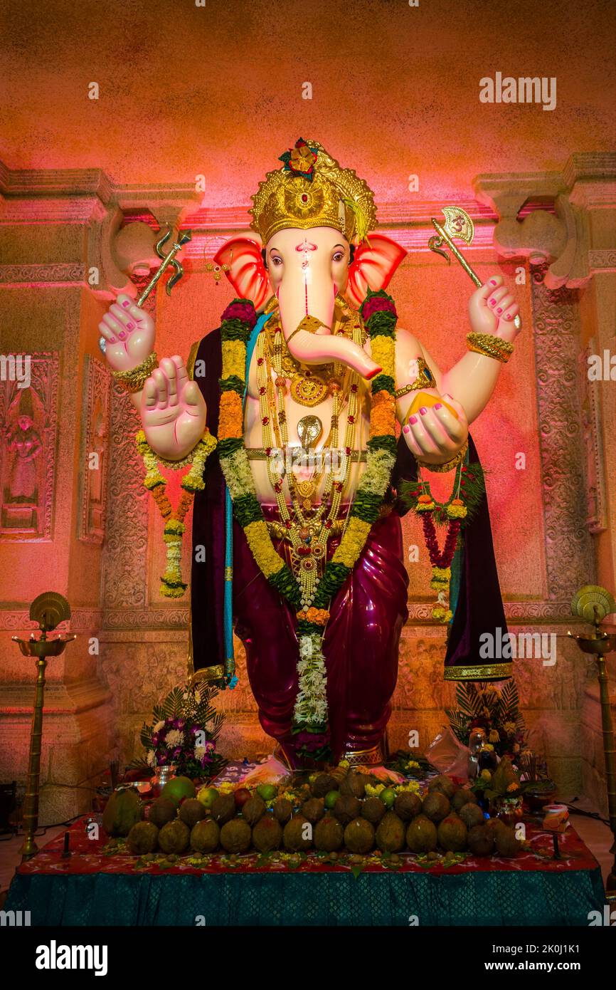 A statue of Lord Ganesha at a mandal in Mumbai for the auspicious ...