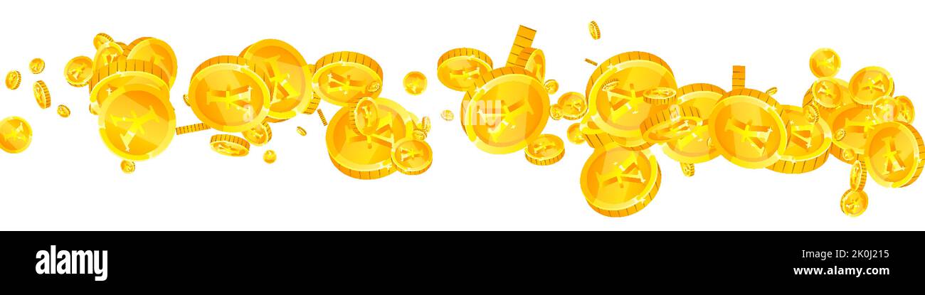 Japanese yen coins falling. Scattered gold JPY coins. Japan money. Jackpot wealth or success concept. Panoramic vector illustration. Stock Vector