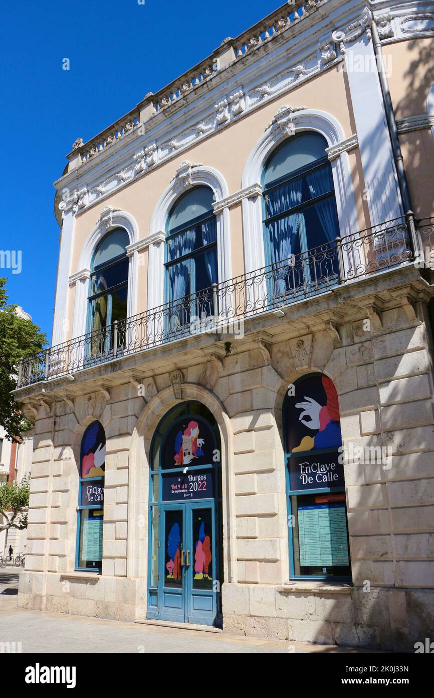 Rear entrance to the Burgos Theatre with adverts for the 22nd Enclave de Calle festival Paseo del Espolón Burgos Castile and Leon Spain Stock Photo