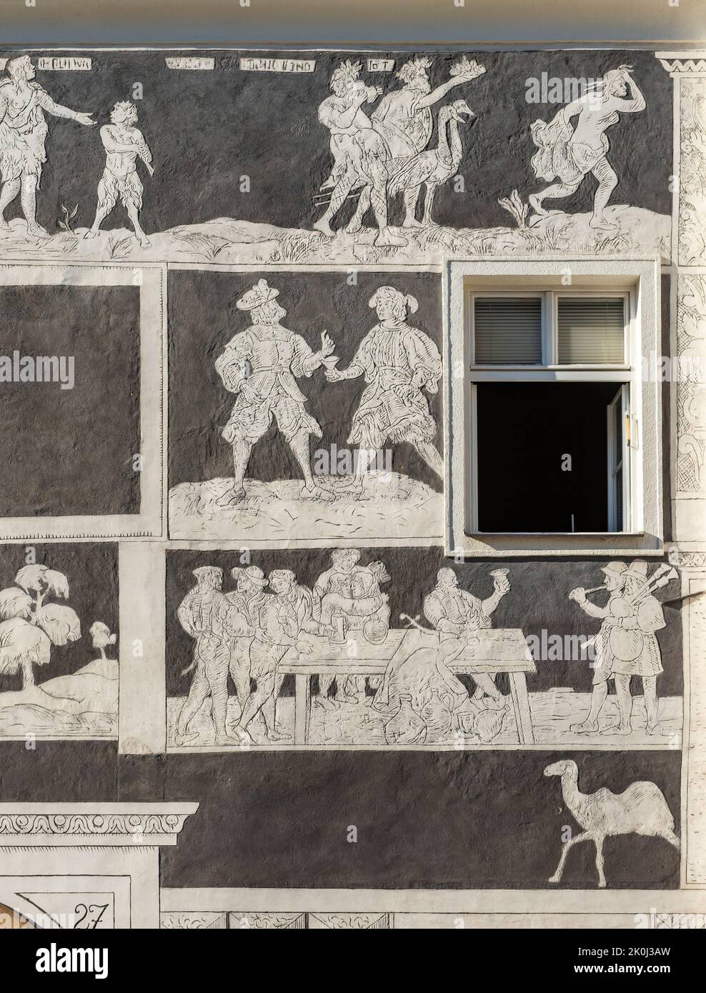 Detail of sgraffito decoration on facade of the Knights (U Rytiru) house, Mikulov, Czech Republic Stock Photo