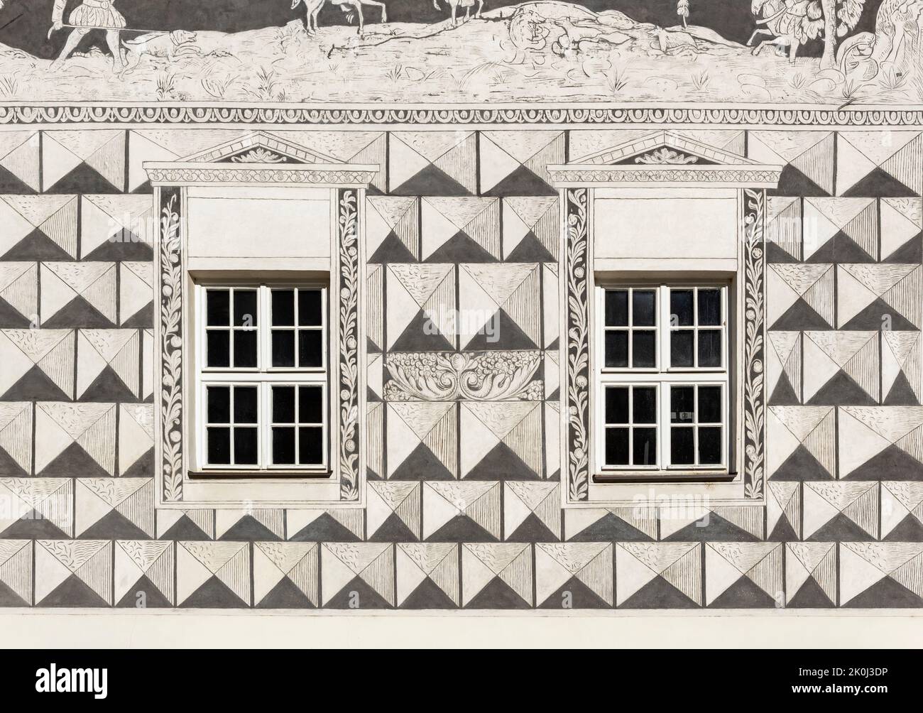 Detail of sgraffito decoration on facade of the Knights (U Rytiru) house, Mikulov, Czech Republic Stock Photo