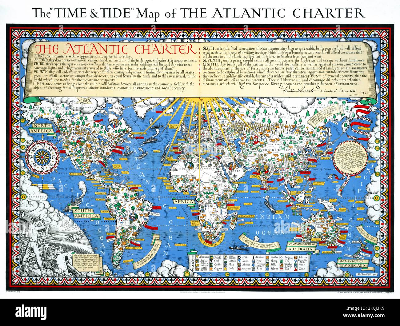 World map - The Time & Tide Map of the Atlantic Charter, 1942 Gill 