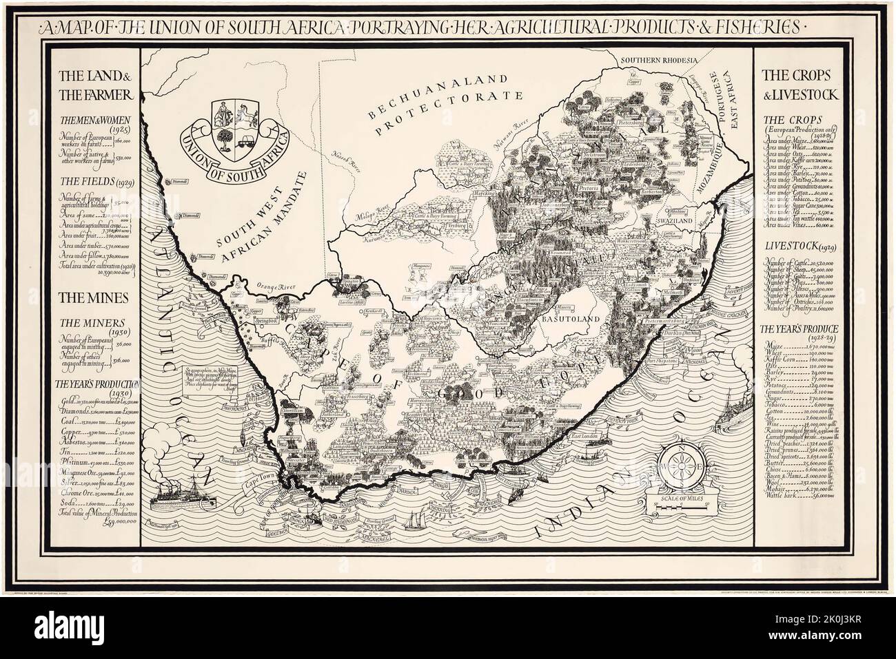 A MAP OF THE UNION OF SOUTH AFRICA - Gill MacDonald 1931, black and white map Stock Photo