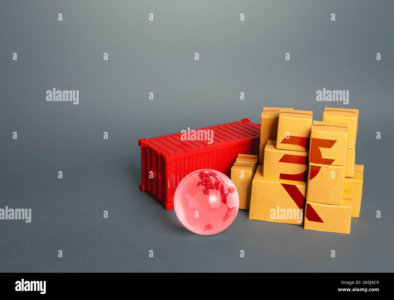Boxes of goods and indian rupee symbol. Production, warehousing storage and shipping logistics worldwide. Manufacture freight and sale of products. Wo Stock Photo