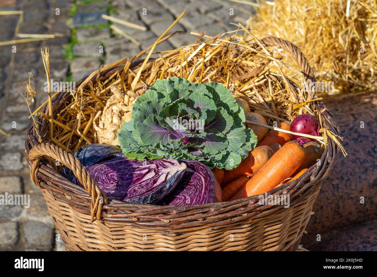 Fresh vegetables in a basket as an autumn decoration Stock Photo