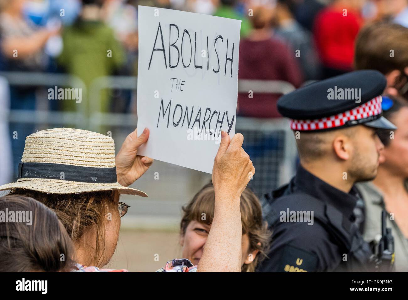 London, UK. 12th Sep, 2022. An anti Monarchist protester outside with a placard saying Not My King - King Charles III makes his first visit to Parliament with Queen Consort Camilla - Queen Elizabeth the second died last week at Balmoral Castle. Credit: Guy Bell/Alamy Live News Stock Photo