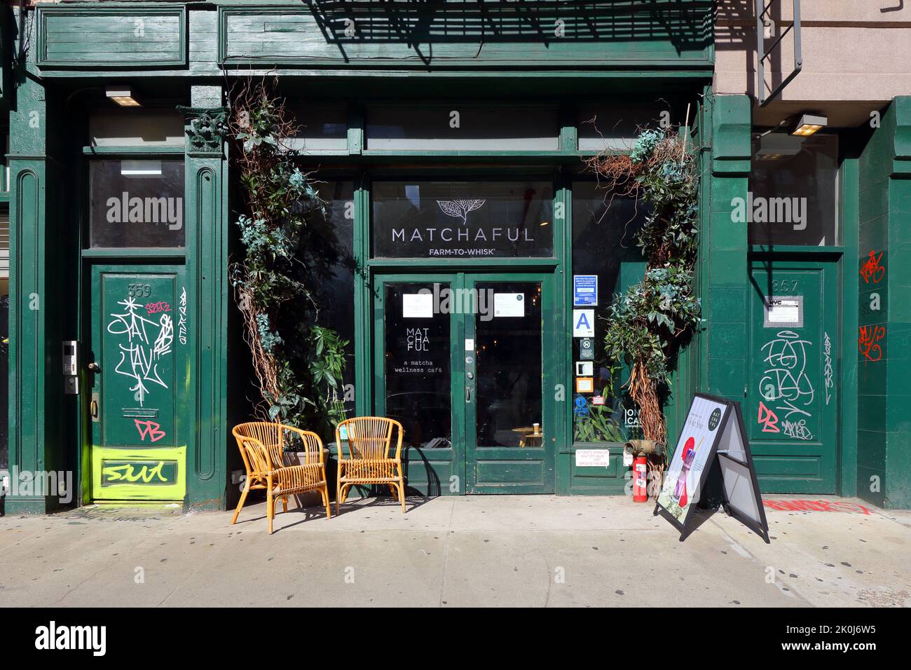 Matchaful, 359 Canal St, New York, NYC storefront photo of a vegan matcha cafe in Manhattan's Tribeca neighborhood. Stock Photo