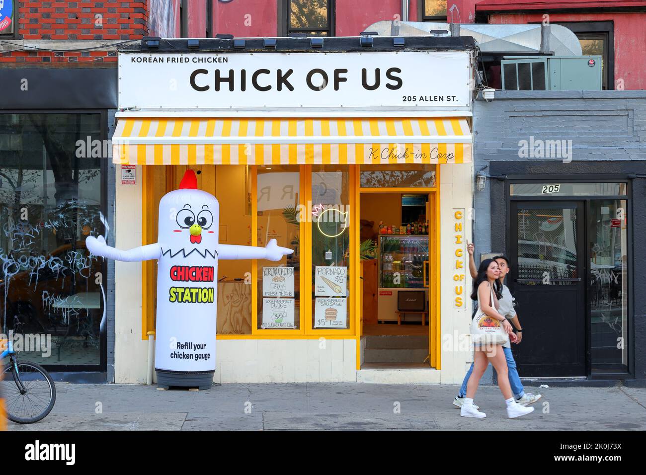 Chick Of Us, 205 Allen St, New York, NYC storefront photo of a Korean fried chicken restaurant in Manhattan's Lower East Side. Stock Photo