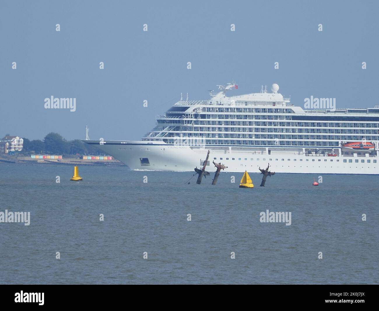 Sheerness, Kent, UK. 12th Sep, 2022. The Viking Mars cruise ship seen passing Sheerness, Kent this morning. Pictured passing shipwreck SS Richard Montgomery. Credit: James Bell/Alamy Live News Stock Photo