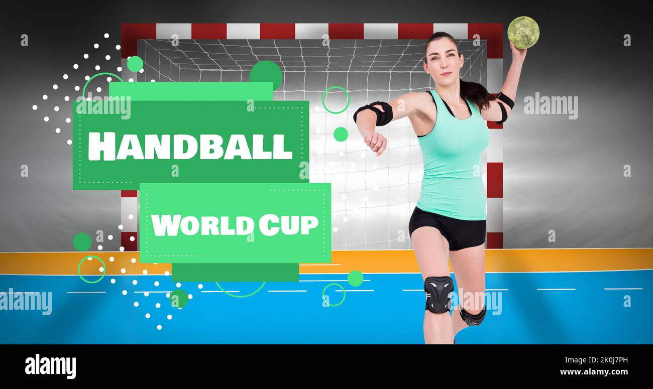 Digital composite image of caucasian female handball player playing