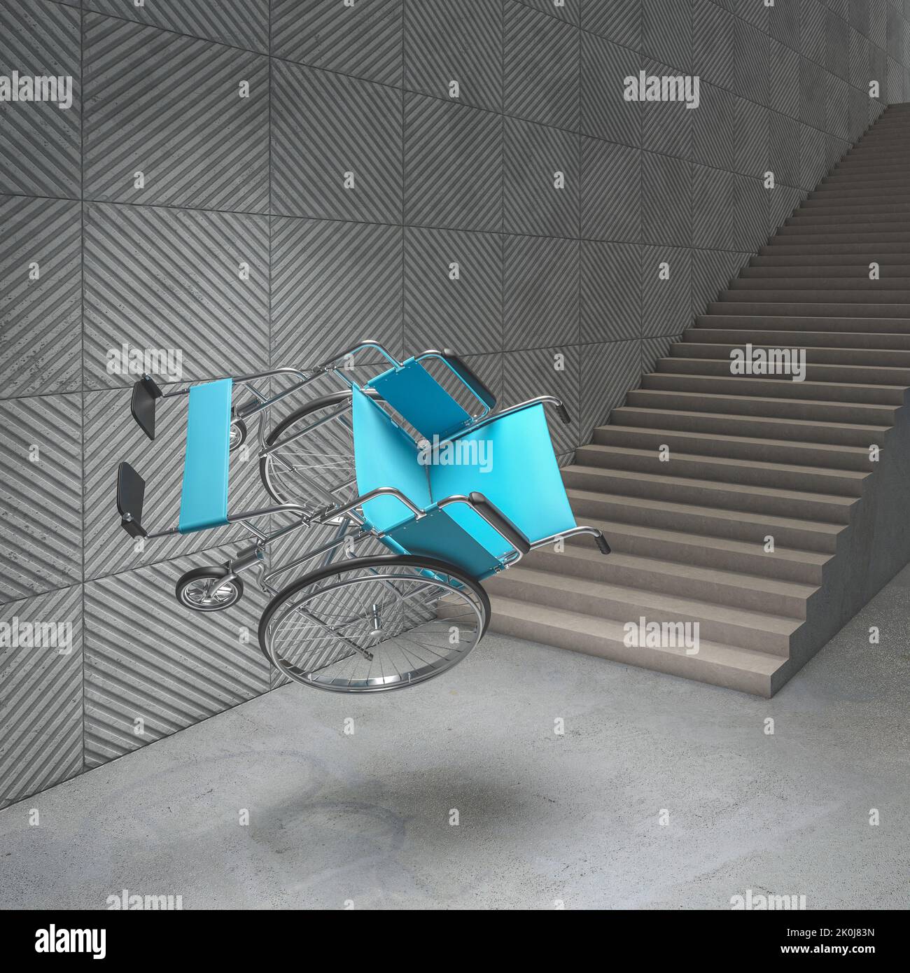 wheelchair for the disabled falls badly from a concrete staircase. 3d render Stock Photo