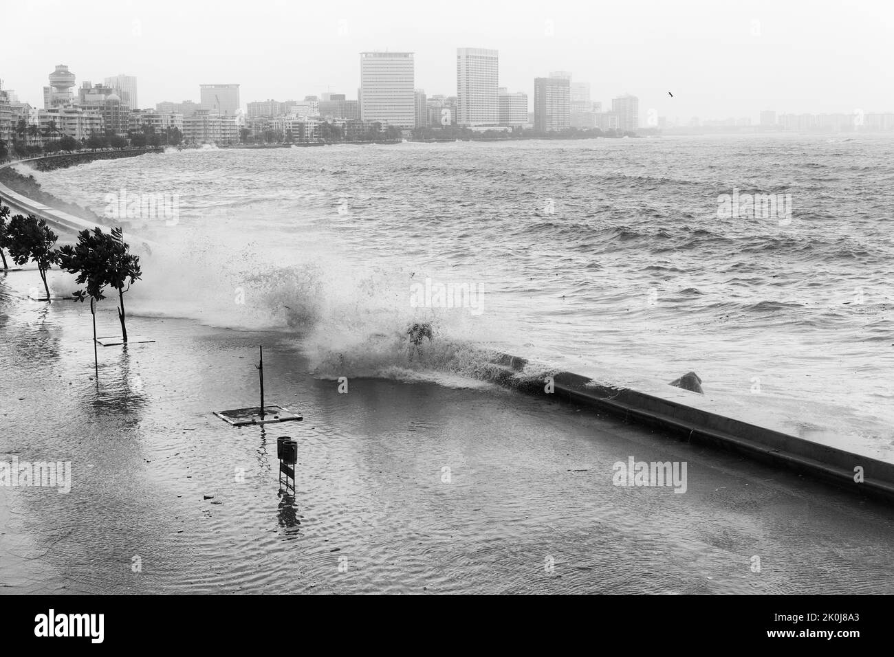 High Tidal Waves Splashing Sea Water At Marine Drive Promenade in