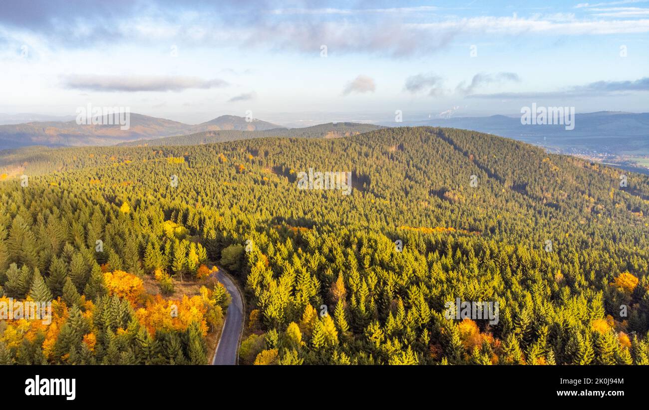 Aerial view of autumnal mountain forest Stock Photo