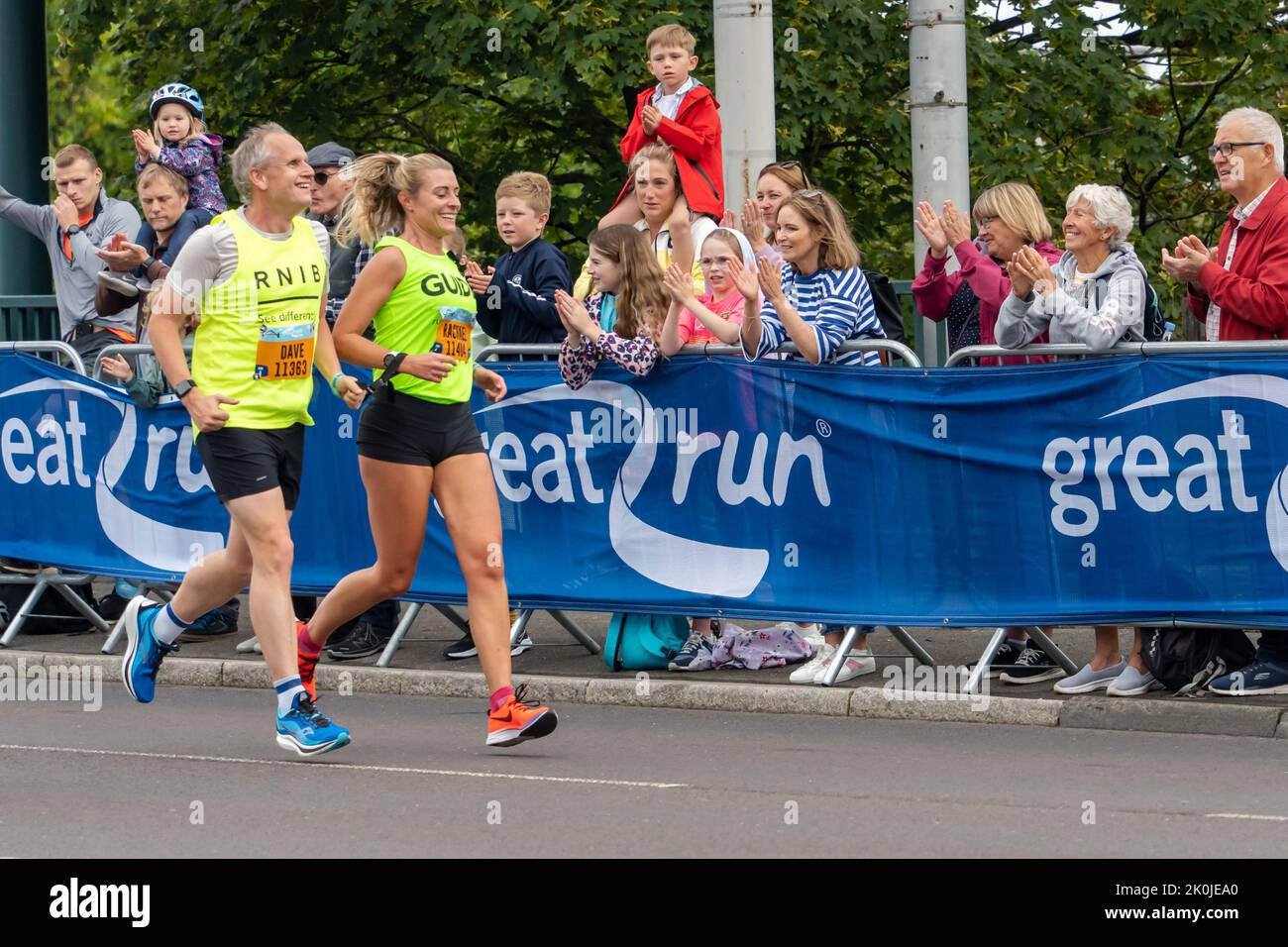 Visually impaired competitor, Great North Run 2022 half marathon, in Gateshead, just after Visually impaired competitor, Great North Run 2022 half marathon, in Gateshead, just after