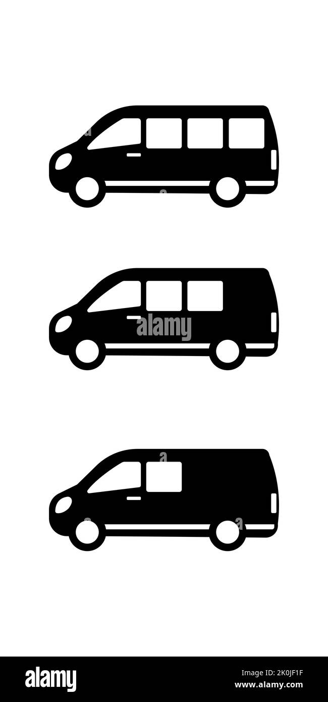 Van icon set. Motorhome, camper. Black silhouette. Vector simple flat graphic illustration. The isolated object on a white background. Isolate. Stock Vector