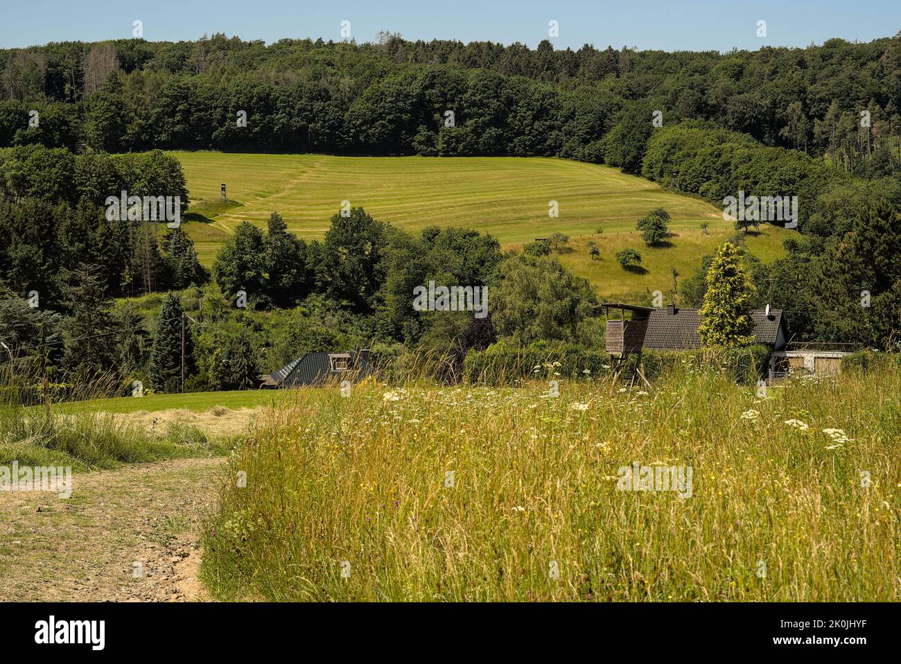 An aerial view of green fields and trees in rural Germany Stock Photo ...