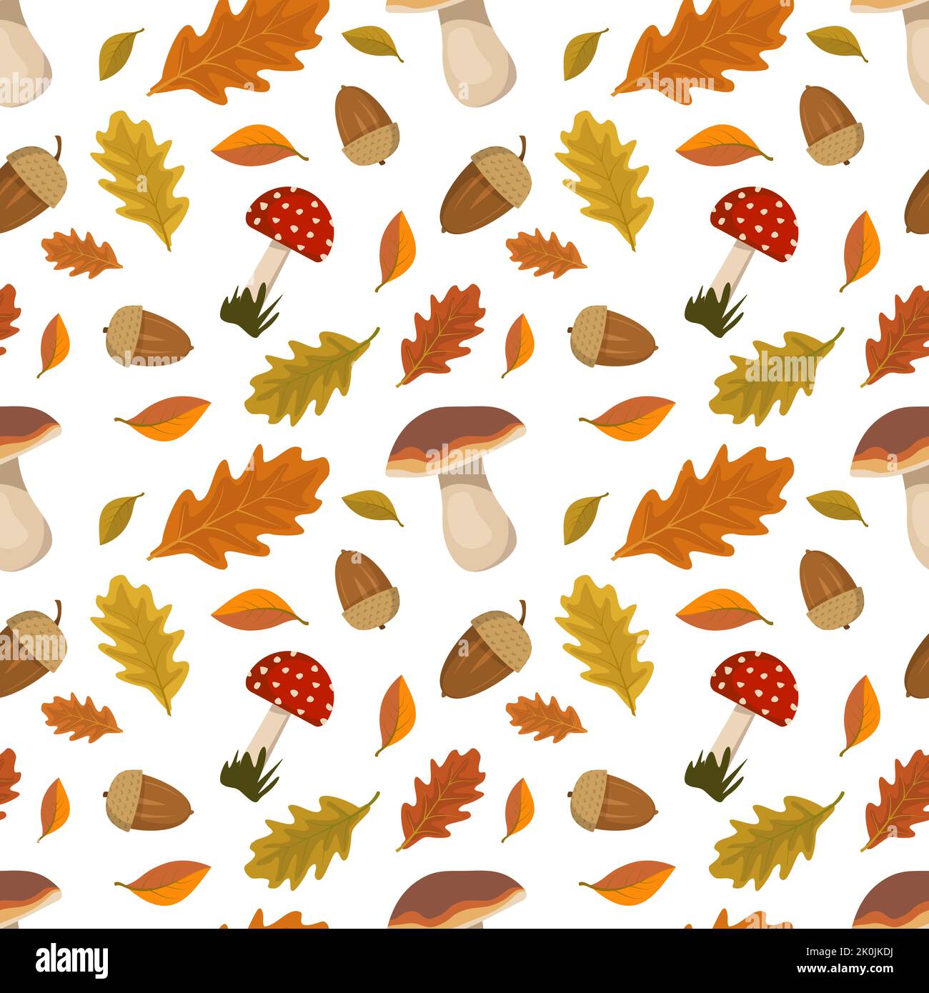 Seamless pattern with acorns, fly agaric mushroom with red cap and oak leaves. Bright autumn print with nature and forest plants on white background. Vector flat illustration Stock Vector