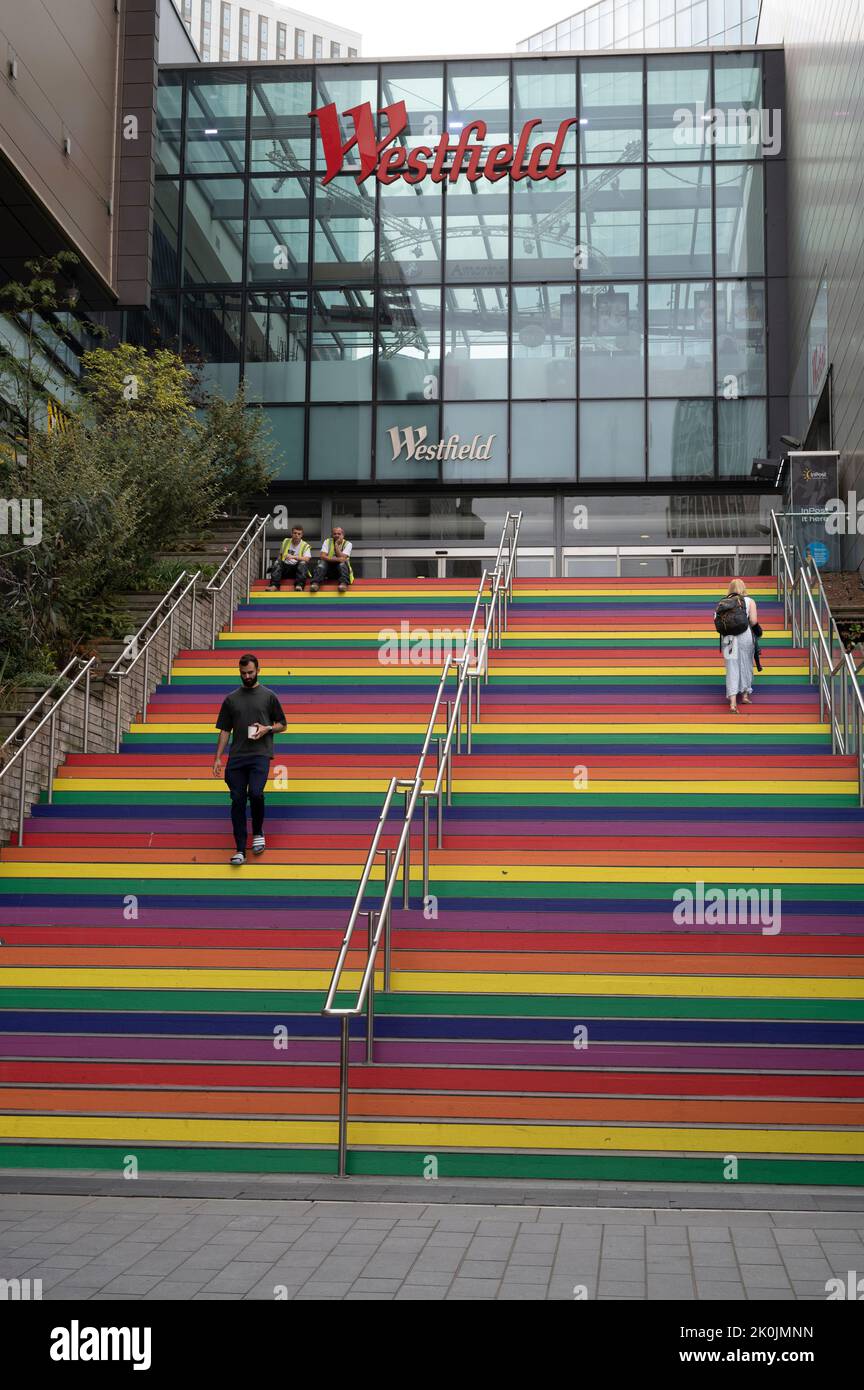 London, England. Westfield shopping centre. Rainbow coloured steps. Stock Photo