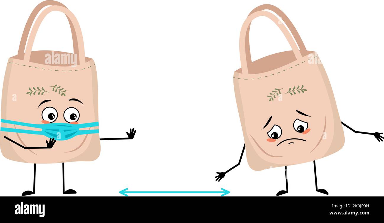 Cute bag character with face in medical mask keep distance, arms and legs. Shopper person with care expression and pose. Vector flat illustration Stock Vector