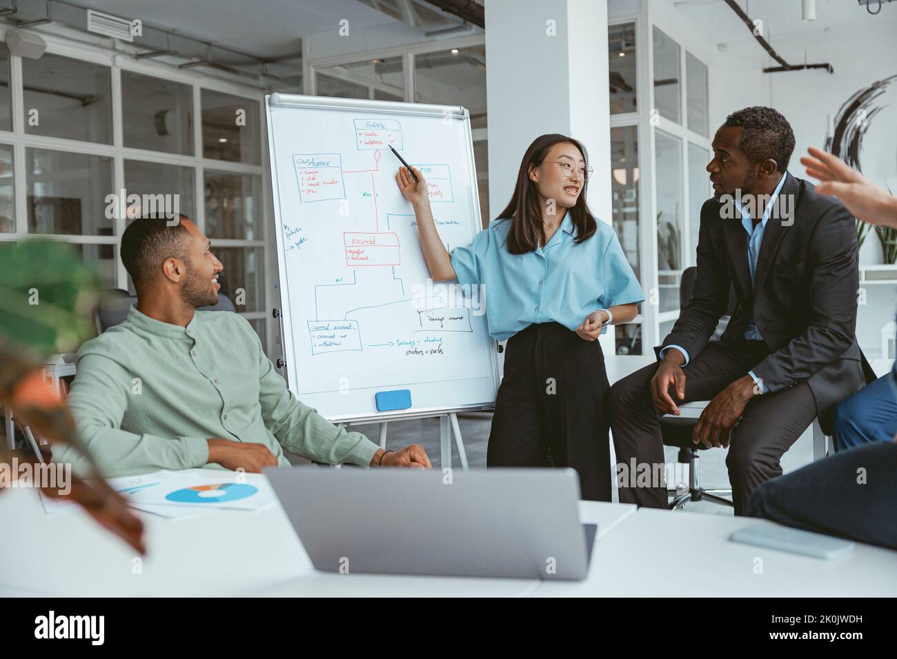 Female business coach or speaker make flip chart presentation to diverse businesspeople at meeting Stock Photo