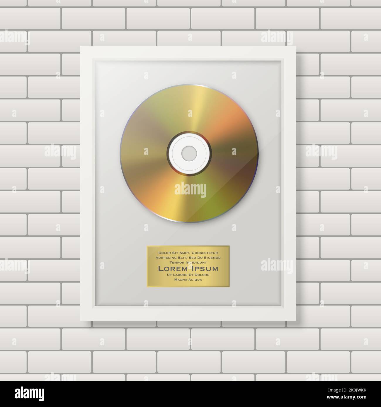 Realistic Vector 3d Golden Yellow CD and Label with White Frame on Brick Wall Background. Single Album Compact Disc Award, Limited Edition. Design Stock Vector