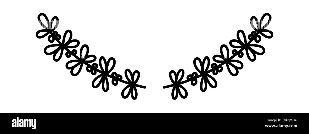 Doodle floral laurel. Hand drawn tree branches with leaves and flowers ...