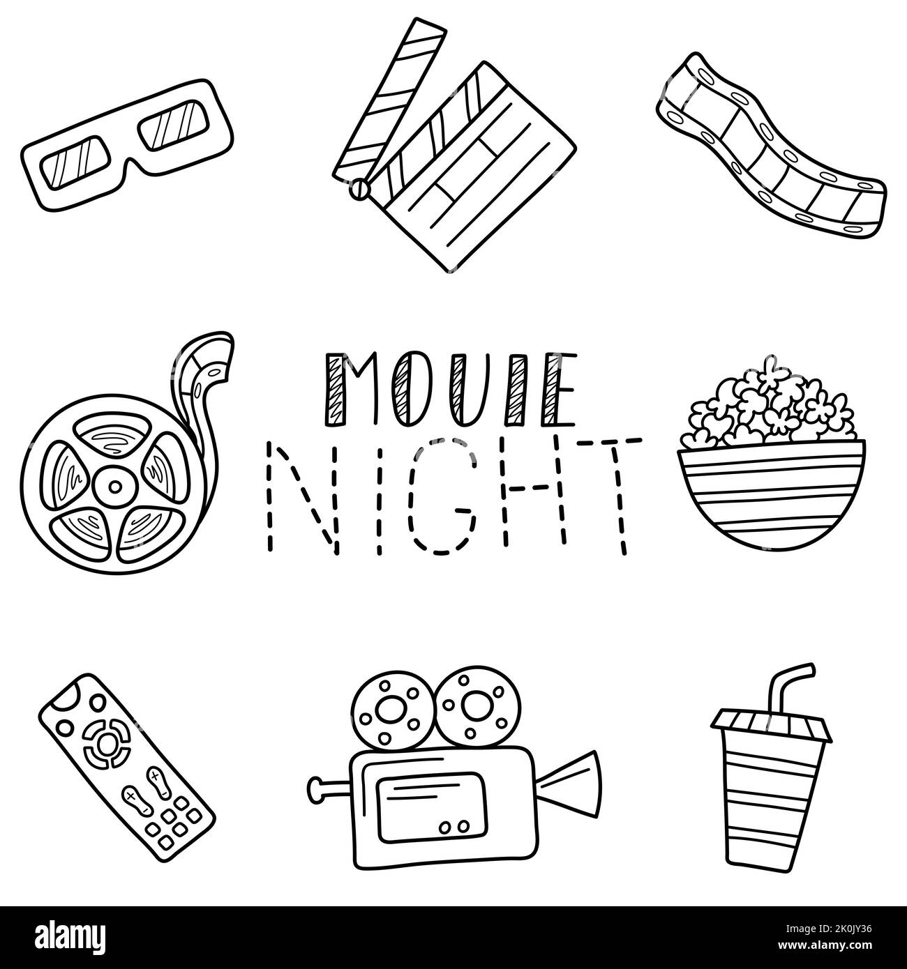 Movie night items. Set of abstract isolated design elements about