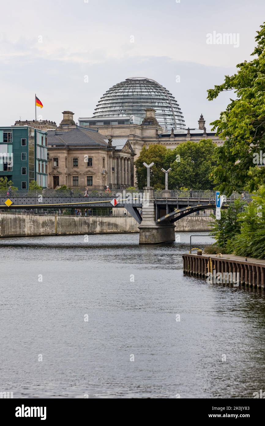 The Spree with bridge and in the background the Reichstag with dome, Berlin, Germany Stock Photo